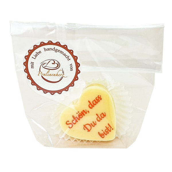 Gastgeschenk zur Hochzeit Herzpraline 40x, Schokolade mit individuellem Aufdruck, Erstklassige Praline, Gast Geschenk Idee mit feinem Kakao