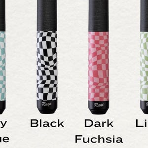 May include: Four pool cues with checkered patterns in sky blue, black, dark fuchsia, and lime green. Each cue has a black grip and a black base with the "Rage" logo. The names "Sky Blue", "Black", "Dark Fuchsia", and "Lime" are printed below.