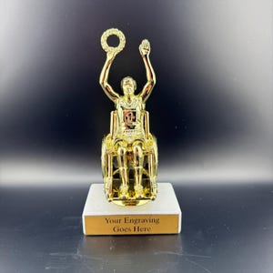 Laser Engraved Trophy, Man or Woman on Wheelchair, Holding Wreath, Champion, Winner, Basic Award on Marble Base