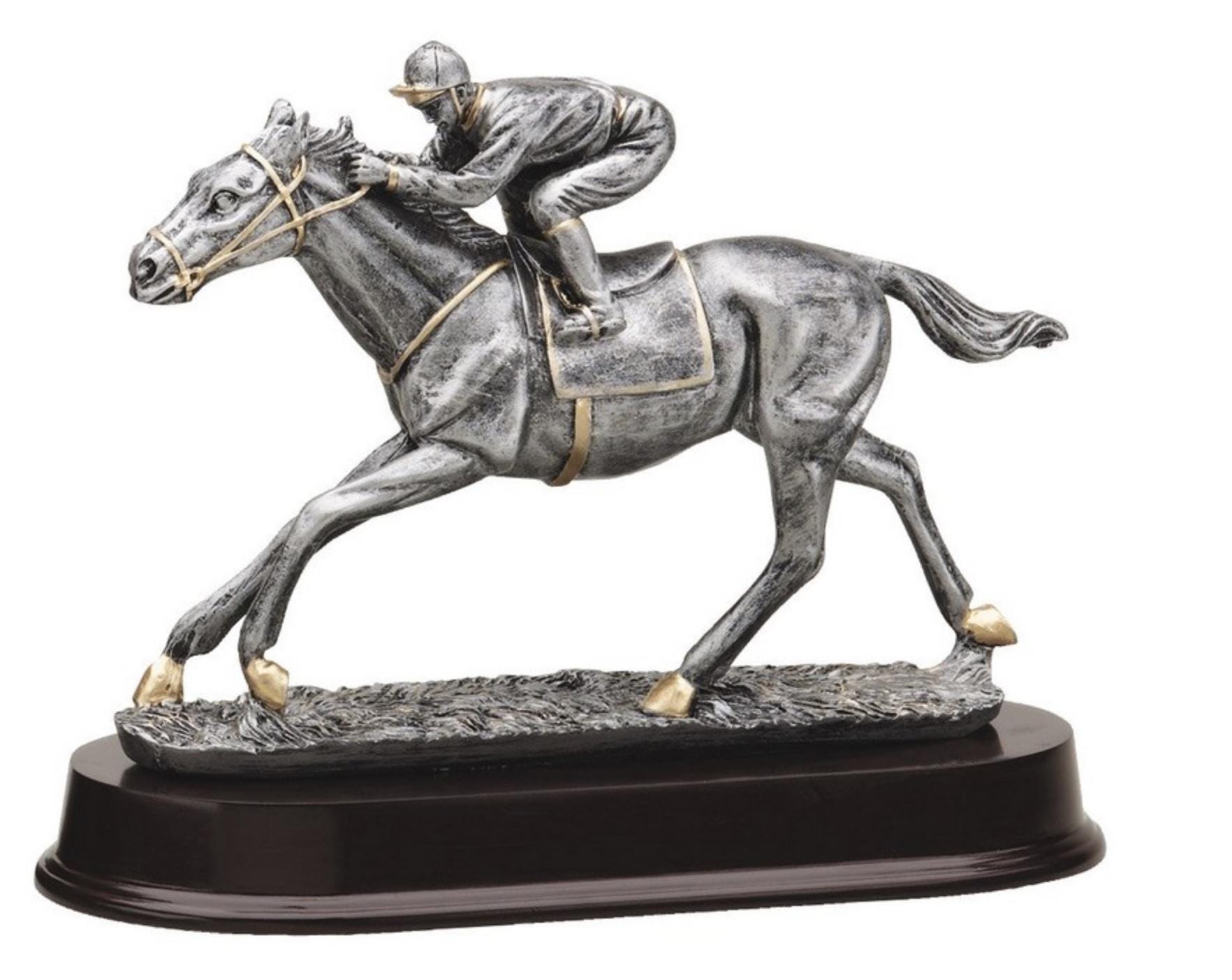 Silver Jockey Horse Racing Trophy – Galloping Statue With Wooden Base ...