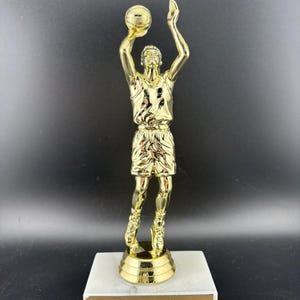 May include: A gold-colored basketball trophy featuring a player in mid-shot, holding a ball above their head. The trophy is mounted on a white marble base with a gold plate that reads "Your Engraving Goes Here".