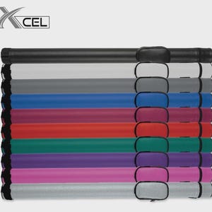 May include: A stack of multi-colored pool cue cases. The cases are cylindrical with a zippered pouch and a handle. Colors include black, white, gray, blue, burgundy, red, teal, purple, pink, and silver. The logo "XCEL" is in the upper left corner.