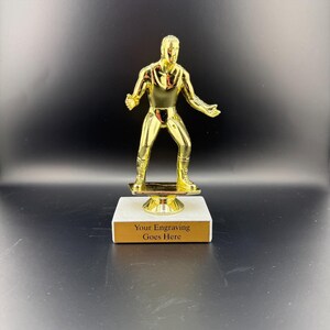 May include: A gold-colored wrestling trophy featuring a male figure in a wrestling stance, mounted on a white and gold base. The base has a gold plate with the text "Your Engraving Goes Here".