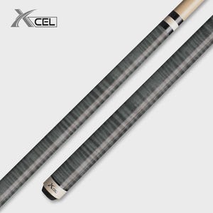 May include: A pool cue featuring a dark grey, wavy wood grain pattern with a light tan joint and butt end. The butt end displays the black text XCEL. A matching XCEL logo is positioned in the upper left corner of the image frame.