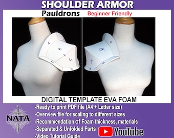May include: Shoulder armor pauldrons digital template for EVA foam. The image displays white paper templates labeled with letters A through J, fitted onto a mannequin shoulder. Text includes SHOULDER ARMOR, Pauldrons, Beginner Friendly, and DIGITAL TEMPLATE EVA FOAM.