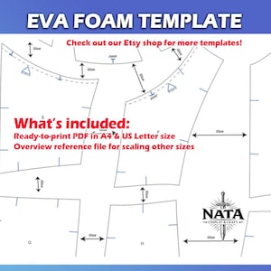 May include: An EVA foam template document featuring black outlines of various shapes on a white background. Text includes EVA FOAM TEMPLATE, What's included: Ready-to-print PDF in A4 & US Letter size, Overview reference file for scaling other sizes.