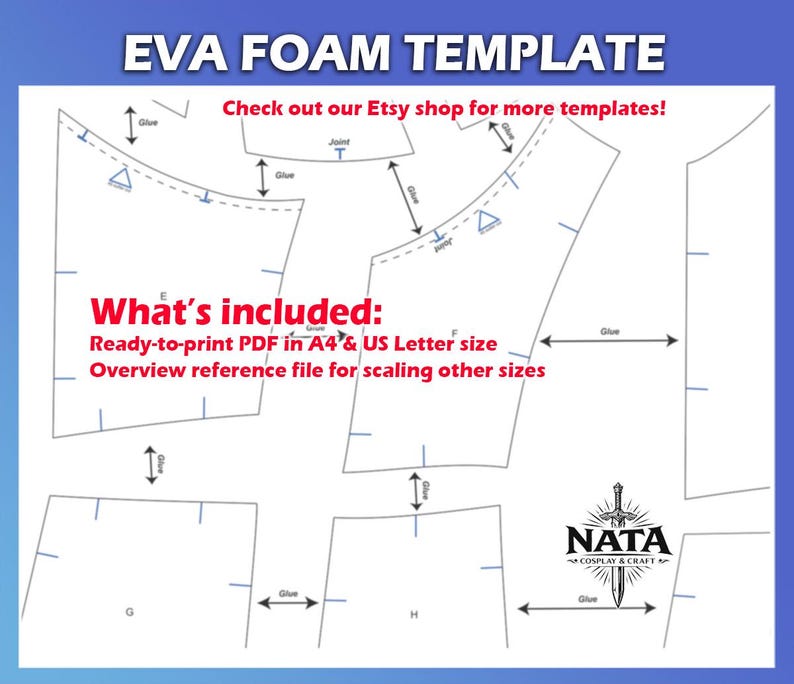 May include: An EVA foam template document featuring black outlines of various shapes on a white background. Text includes EVA FOAM TEMPLATE, What's included: Ready-to-print PDF in A4 & US Letter size, Overview reference file for scaling other sizes.