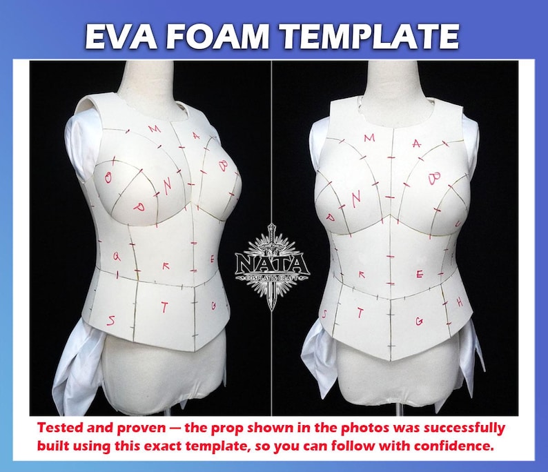 May include: A white EVA foam template for a bodice, displayed on a mannequin from side and front angles. The foam pieces feature black drawn seam lines and red letter markings for assembly. The text EVA FOAM TEMPLATE is at the top.