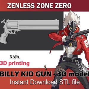 Può includere: Un modello 3D stampabile di una pistola futuristica chiamata "Billy Kid Gun". La pistola è argentata e ha una canna lunga. L'immagine include anche un personaggio del videogioco "Zenless Zone Zero" che tiene un'arma simile.