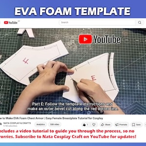 May include: An EVA foam template for chest armor featuring white foam pieces labeled E and F with black outlines. The image displays a YouTube video interface with the text Part E: Follow the template instructions and make an outer bevel cut along the red dotted line.