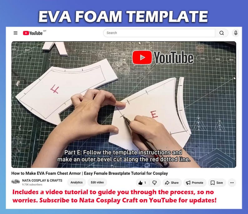 May include: An EVA foam template for chest armor featuring white foam pieces labeled E and F with black outlines. The image displays a YouTube video interface with the text Part E: Follow the template instructions and make an outer bevel cut along the red dotted line.