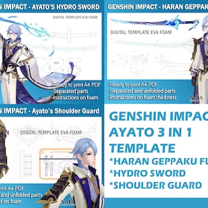 May include: A digital template for creating a Genshin Impact Ayato cosplay prop. The template includes a sword, shoulder guard, and a weapon called "Haran Geppaku Futsu". The template is designed to be printed on A4 paper and assembled using EVA foam.