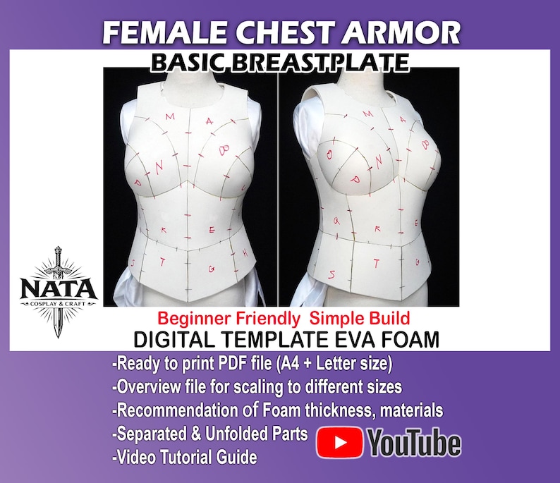 May include: A white EVA foam chest armor breastplate template featuring black seam lines and red handwritten letters. The digital template includes text: FEMALE CHEST ARMOR, BASIC BREASTPLATE, Beginner Friendly Simple Build, DIGITAL TEMPLATE EVA FOAM.