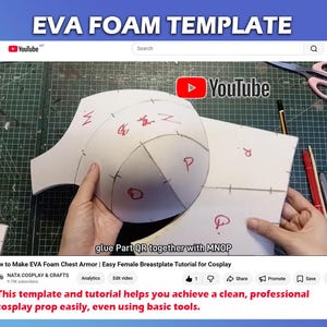 May include: A white EVA foam template for chest armor featuring black drawn lines and red handwritten letters. The template includes text that reads glue Part QR together with MNOP. The overall video title is How to Make EVA Foam Chest Armor.