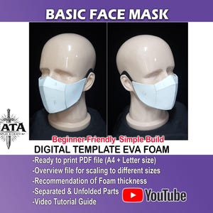May include: A white face mask template made of EVA foam, shown on a mannequin head from two angles. The mask features labeled sections A, B, G, and F. Text includes BASIC FACE MASK, DIGITAL TEMPLATE EVA FOAM, and details about PDF files and video guides.