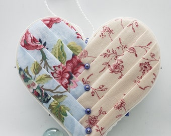 F15 - Blue Floral and Cream Heart Quilted Fabric Christmas Ornament