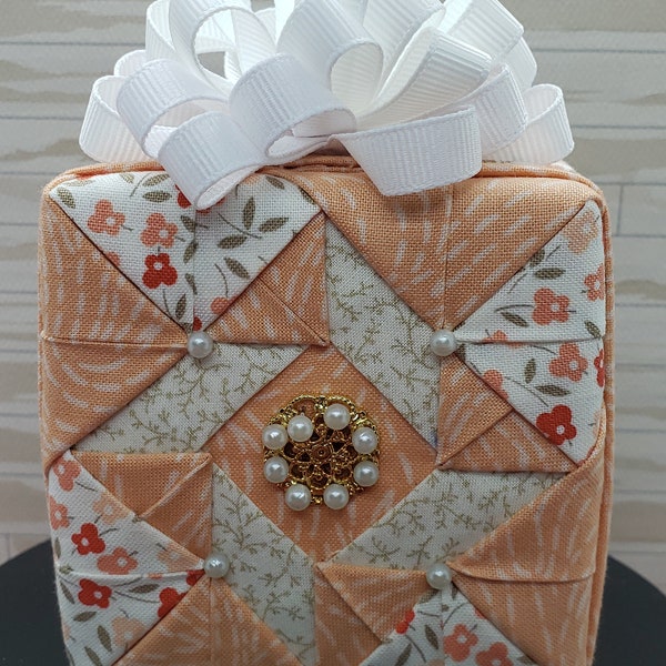 F44 - Peach Floral Cube Shape Folded Fabric No Sew Quilted Ornament