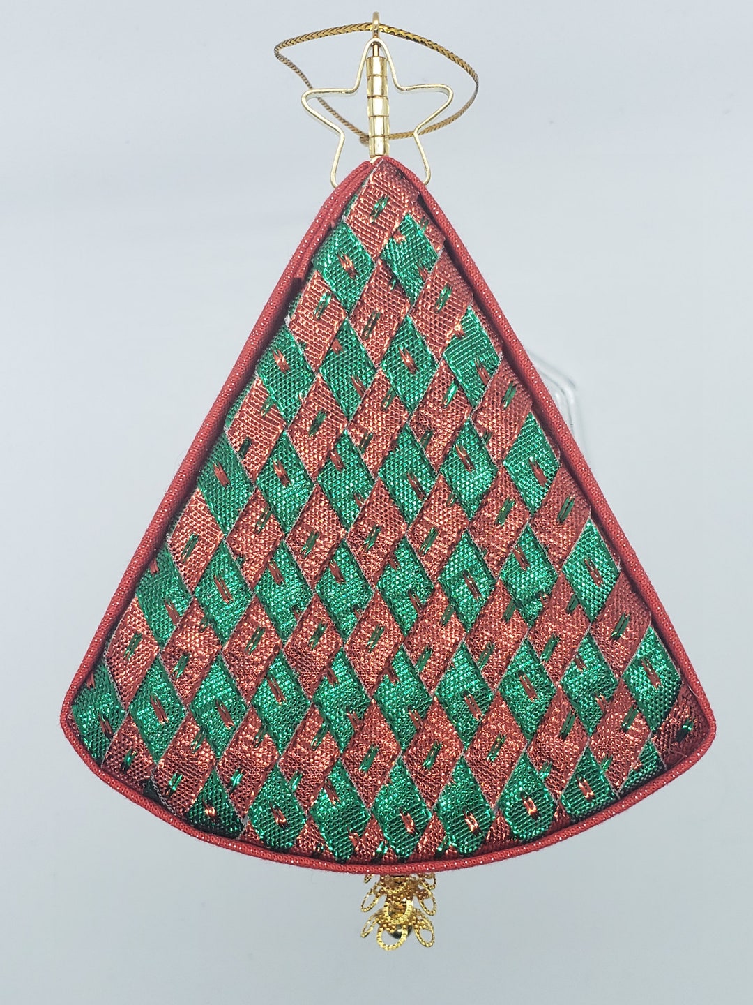 C85 - Green and Red Woven Tree Satin Ribbon Folded Fabric Christmas ...