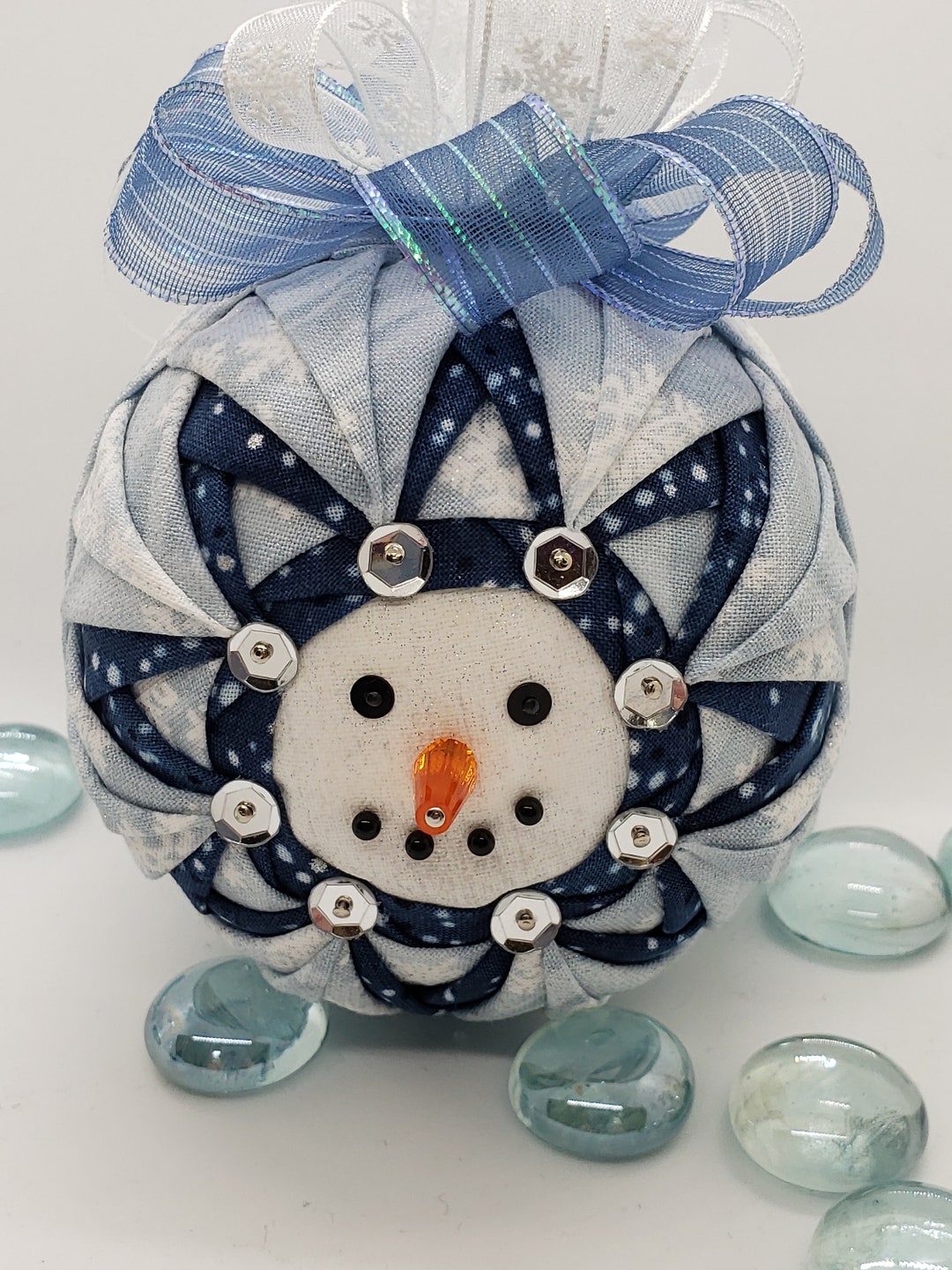 Blue and White Snowman Folded Fabric Christmas Ornament Etsy