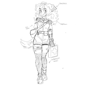 May include: A black and white line art drawing of a character with dog ears and a tail, wearing a bandana, hood, scarf, and shorts. The character carries a medical bag and wears compression socks. Text labels include bandana, hood/scarf, med symbol, and compression socks.