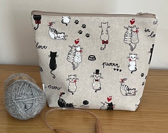 Handgemachte Love Cats Projekttasche, Kleine Socke Stricken, Häkeln, Tasche
