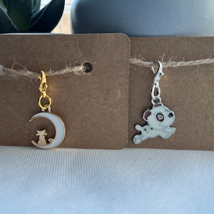 Stitch markers, enamel stitch markers, cat & moon or dog stitch charm, crochet markers, handmade stitch markers, progress keepers,