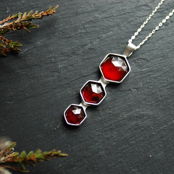 Elegant garnet silver necklace, simple garnet necklace, geometrical necklace