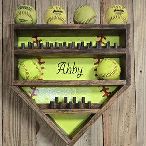 Personalized Softball & Ring Holder #2, Wood Display for 30 Rings, 6 Softballs. Handmade Decor