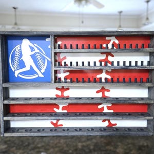 USA Flag Baseball Ring & Ball Display Shelf: 42 rings, 33 baseballs, Handcrafted Wood Display