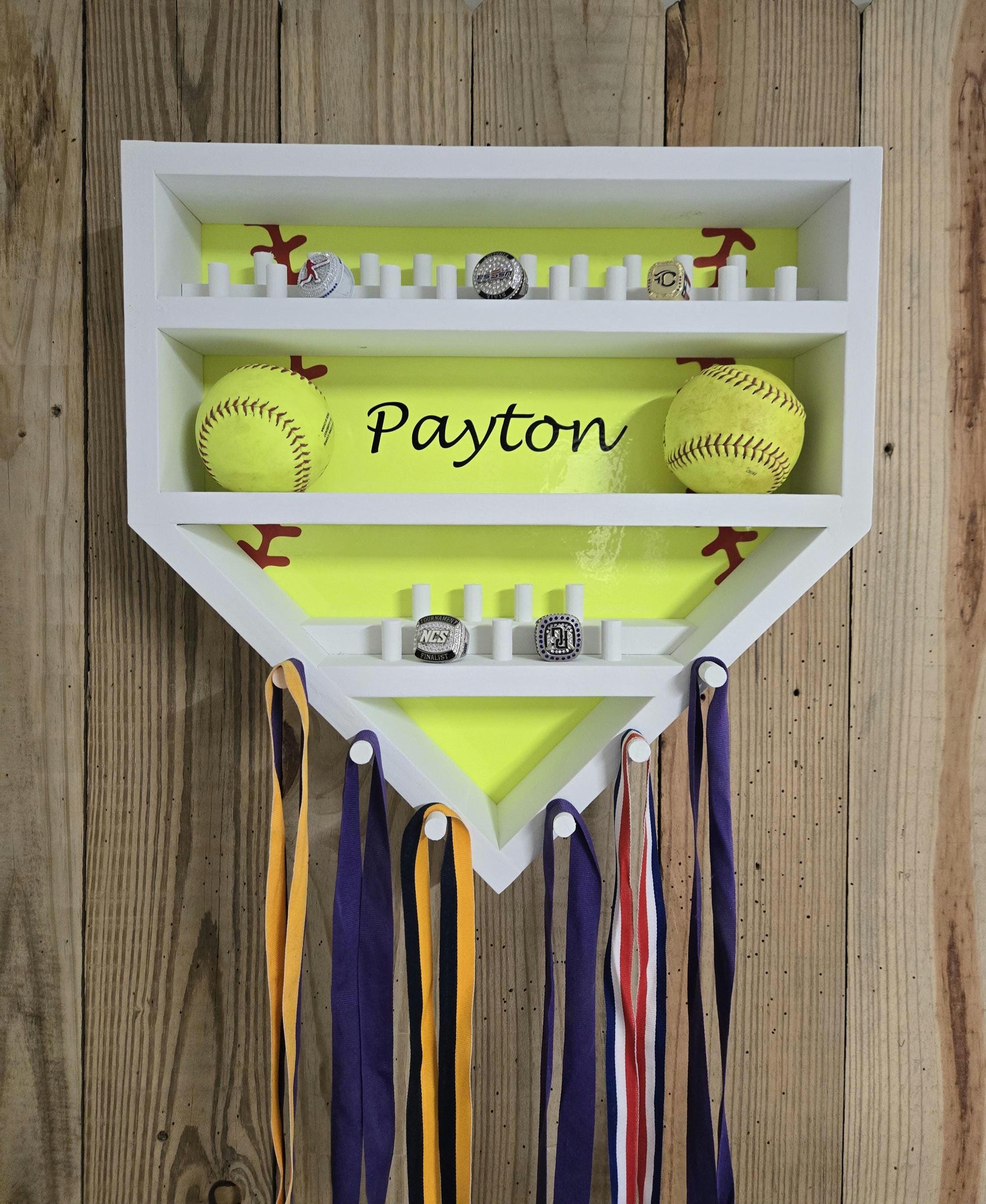 Display Racks For Softball Rings Personalized White Softball Medal & Ring Display, Handmade Wood Decor ...
