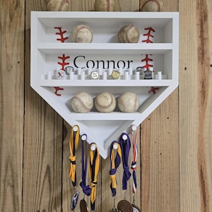Personalized White Baseball Ring & Medal Display #3, Handmade Wood Sports Decor