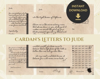 May include: A set of printable letters written in a cursive font on a beige background. The letters are from the character Cardan to the character Jude in the book "The Cruel Prince" by Holly Black. The text includes the phrases "To the Hight Queen of Elfhame" and "Just come home".