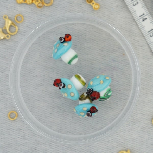 Murano Glass, Blue White Mushroom Murano Lampwork, Holey Bead, Handcrafted Figure Murano, Necklace & Bracelet Pendant, Charm, DIY, 16890