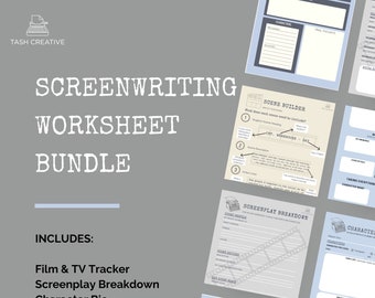 May include: A printable screenwriting worksheet bundle with a grey background. The bundle includes worksheets for film and TV tracking, screenplay breakdown, character bio, one-page outline, and scene builder.