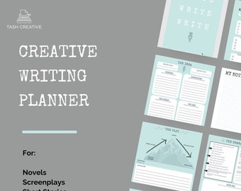 May include: A light blue and white printable planner for creative writing. The planner includes sections for "The Idea", "The Plot", "The World", "The Characters", and "My Notes".