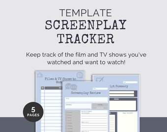 May include: A printable template for tracking films and TV shows. The template includes a list for films and TV shows to watch, a screenplay review section, and a script summary section. The template is designed in a light blue colour scheme with grey accents.