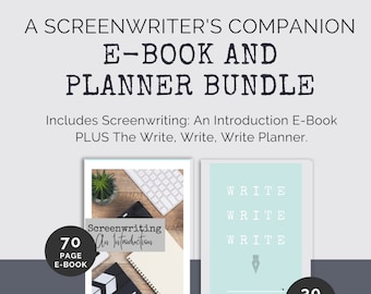 May include: A digital bundle for screenwriters, including a 70-page e-book titled "Screenwriting: An Introduction" and a 30-page planner titled "Write, Write, Write". The e-book cover features a laptop, a plant, and a notebook. The planner cover is light blue with the words "Write, Write, Write" repeated three times.