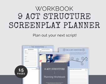May include: A blue and white workbook titled "9 Act Structure Planning Workbook" with a graphic of a vintage typewriter. The workbook is designed to help writers structure and plan their next movie or TV project using the 9 Act Structure.