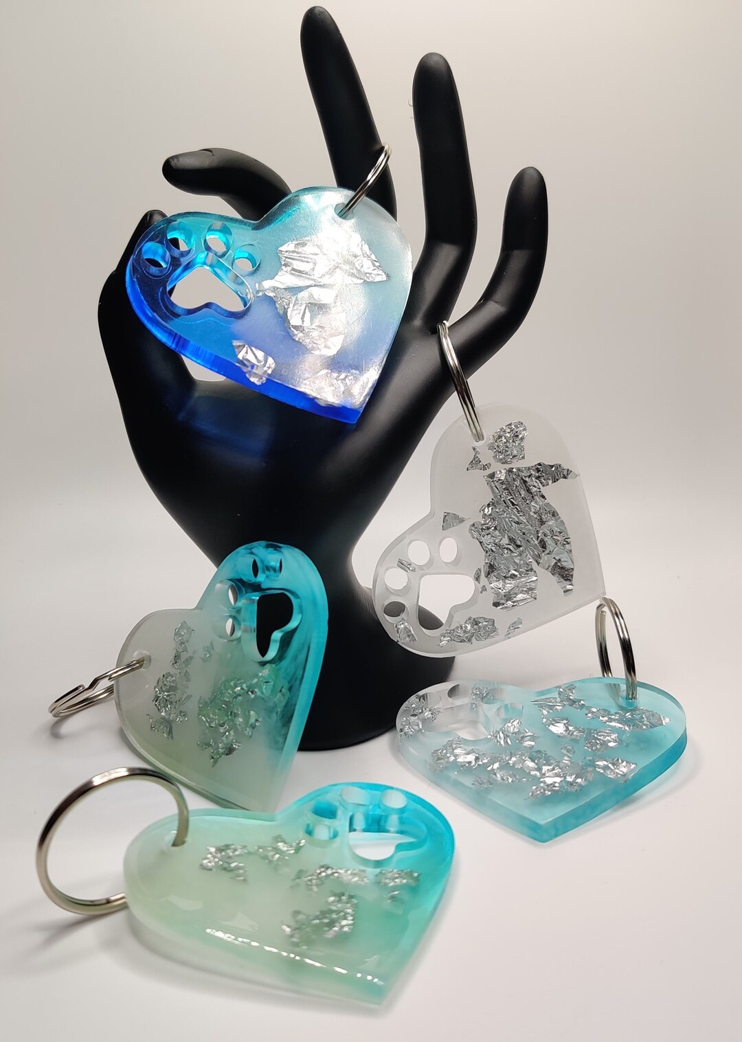 Epoxy Resin Key Ring in the Shape of a Heart and Blue Paw for Etsy