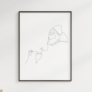 Dibujo de una línea / Svg Arte mural de gato y perro / Siluetas de gatos y perros / Dibujo a tinta / Imprimible para gatos y perros / Impresión minimalista de animales