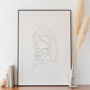 Female Portrait Bath, Bathroom Wall Art, Woman in Towel with Sunglasses Line Art, Gift For Her, Relax Decor, Metal Artwork, Metopedia