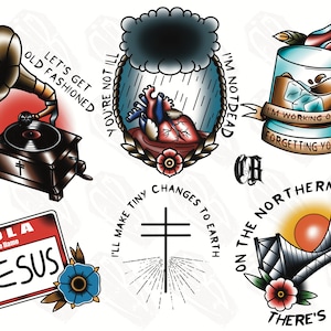 May include: A set of nine traditional tattoo flash designs. The designs include a gramophone, a heart with a rain cloud, a glass of whiskey with a rose, a name tag with the text "HOLA Me llamo JESUS", a cross with rays of light, and a bridge with a sunset and flowers.