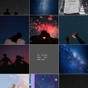 May include: A collage of nine images featuring a starry night sky with a shooting star, a couple silhouetted against a red and orange fireworks display, a couple holding hands in the distance, a couple kissing, a hand reaching up towards the stars, a galaxy, a cherub with an arrow, a hand reaching out to catch a falling star, and a text overlay that reads "I'm yours and you are mine."