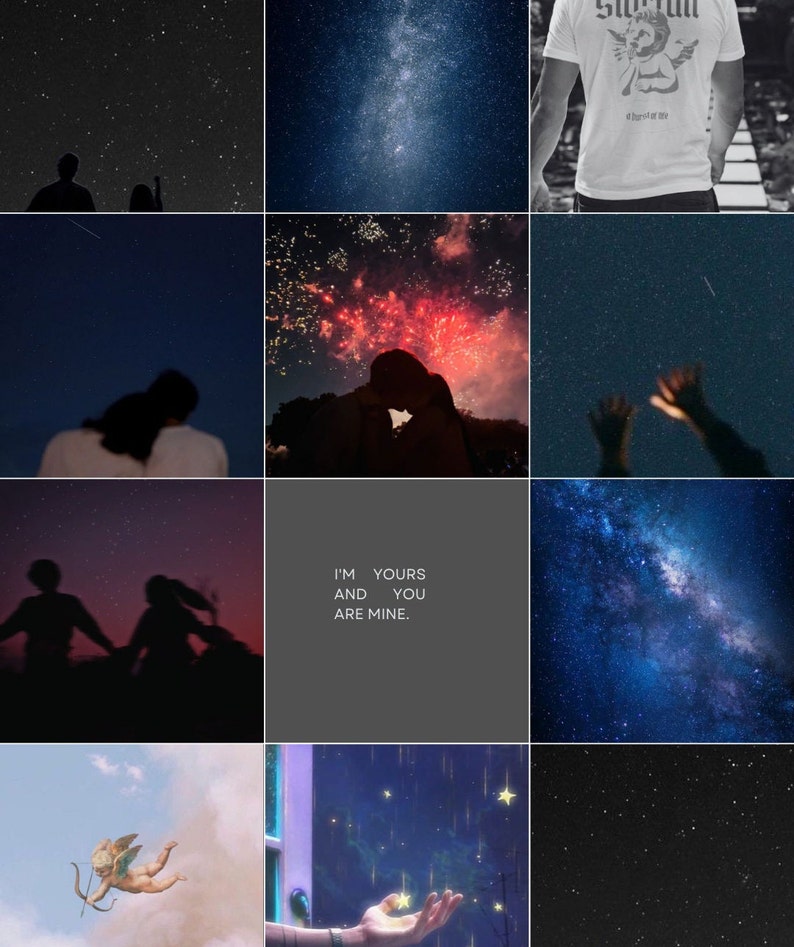 May include: A collage of nine images featuring a starry night sky with a shooting star, a couple silhouetted against a red and orange fireworks display, a couple holding hands in the distance, a couple kissing, a hand reaching up towards the stars, a galaxy, a cherub with an arrow, a hand reaching out to catch a falling star, and a text overlay that reads "I'm yours and you are mine."