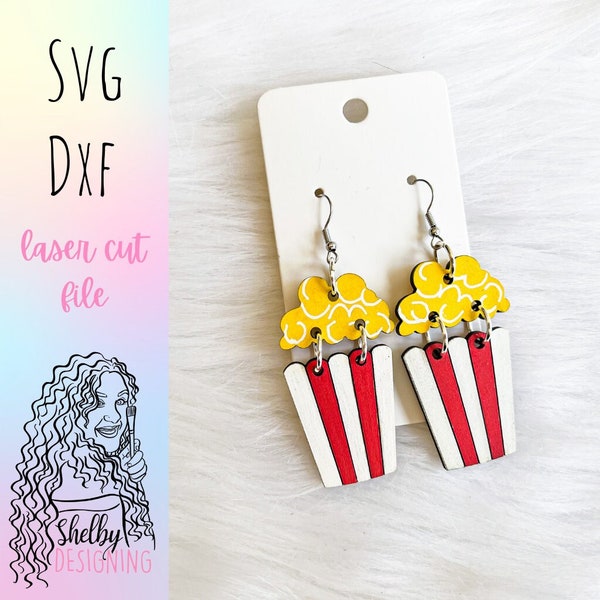 Movie Theatre Popcorn Dangle Earrings Glowforge Svg File, Popcorn Earrings SVG, Glowforge Laser Cut Earrings, Cute Popcorn Dangle Earrings