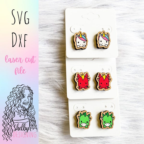 Cute Mythical Animal Stud Earrings Glowforge Svg Files, Unicorn Stud Earrings SVG File, Glowforge Laser Cut Earrings Svg Files, Dino Earring