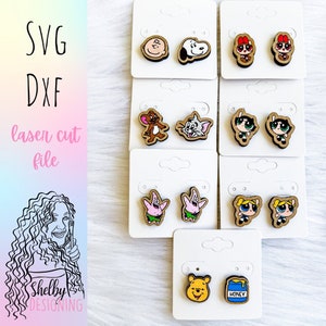 Cartoon Mix n Match Stud Earrings Glowforge Svg Bundle, Cartoon Stud Earrings SVG File, Glowforge Laser Cut Cartoon Stud Earrings Bundle