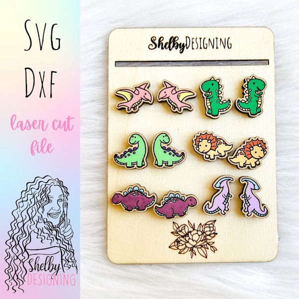 Cute Dino Stud Earrings Bundle Glowforge Svg File, Dinosaur Stud Earrings SVG, Glowforge Laser Cut Earrings, Cute Dinosaur Earrings SVG