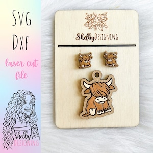 Adorable Highland Cow Stud/Dangle Earring  Glowforge Svg Files, Highland Cow Earrings SVG File, Glowforge Laser Cut SVG Dxf Cow Earrings