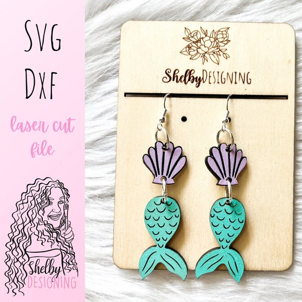 2 Piece Mermaid Dangle Earrings SVG DXF Laser Cut File | Seashell Mermaid Dangle Earrings SVG Digital File | Glowforge Earrings Svg Cut File